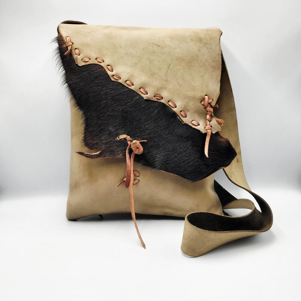 Handmade Tan Leather Fur Hide Stitched Woven Detail Large Crossbody Bag Artisan